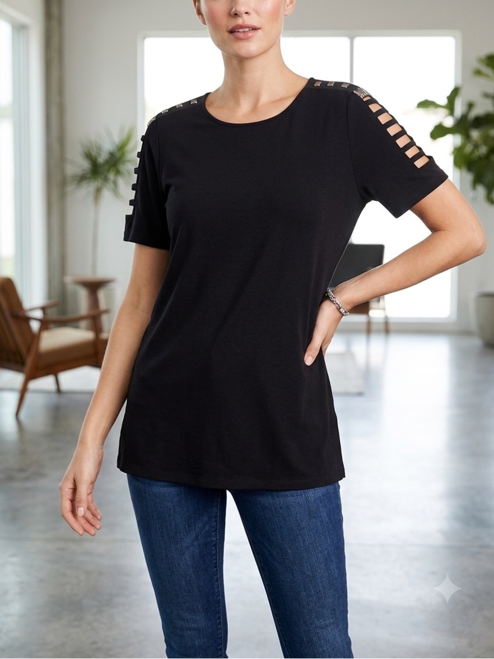 Michael Kors Black Short Sleeve Tee with Ladder Cutout Shoulders